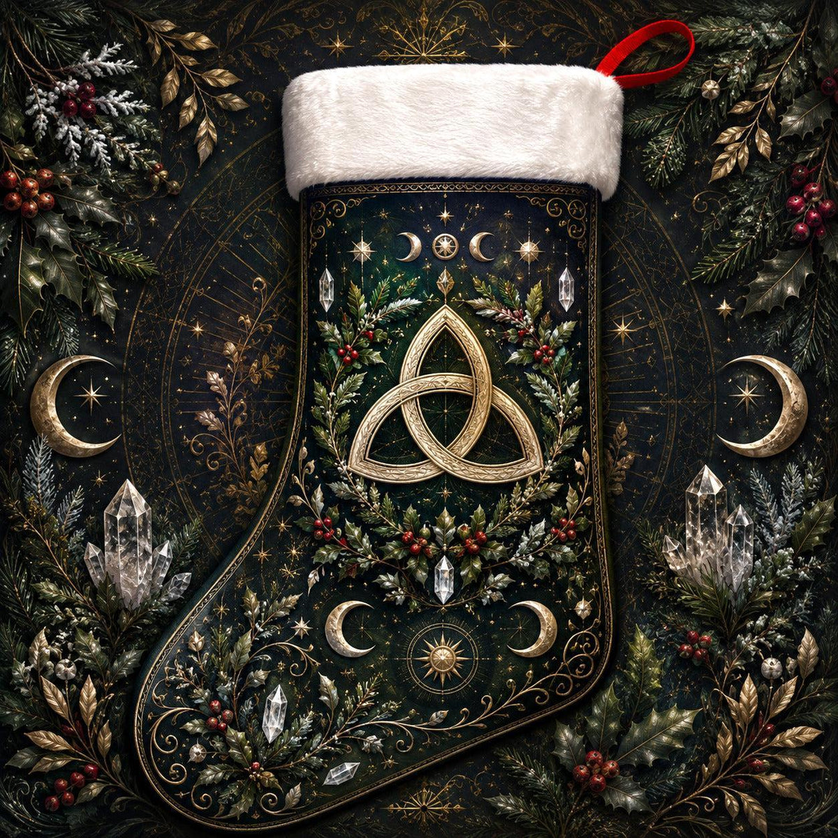 Celtic Triquetra Christmas Stocking Gold Knot Pagan Yule Decor, styled shot 4
