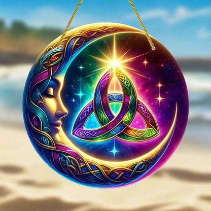 Celtic Triquetra Crescent Moon Suncatcher Wicca Acrylic Round Sign Pagan Home Decor-MoonChildWorld