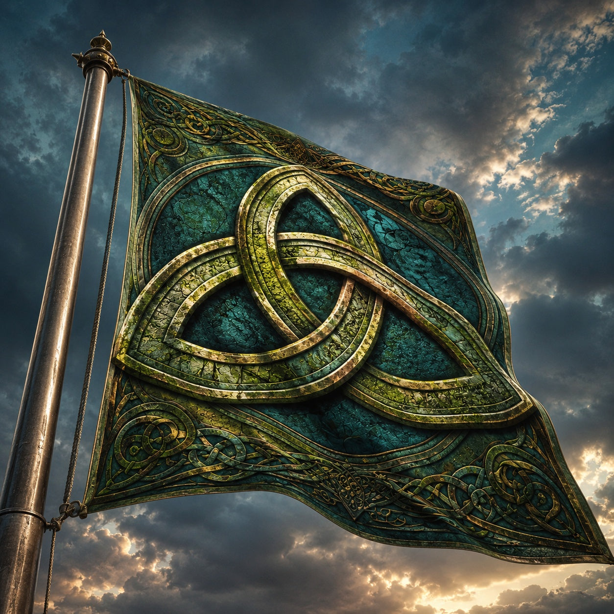 Celtic Triquetra Knot house flag mockup hanging outdoors as pagan decor