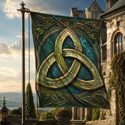 Celtic Triquetra Knot house flag with Green Trinity Knot design