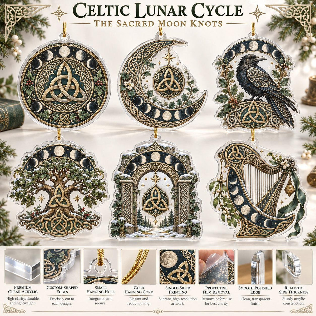 Celtic Triquetra Moon Acrylic Ornament Set – Pagan Yule Christmas Decor – ornament size and details
