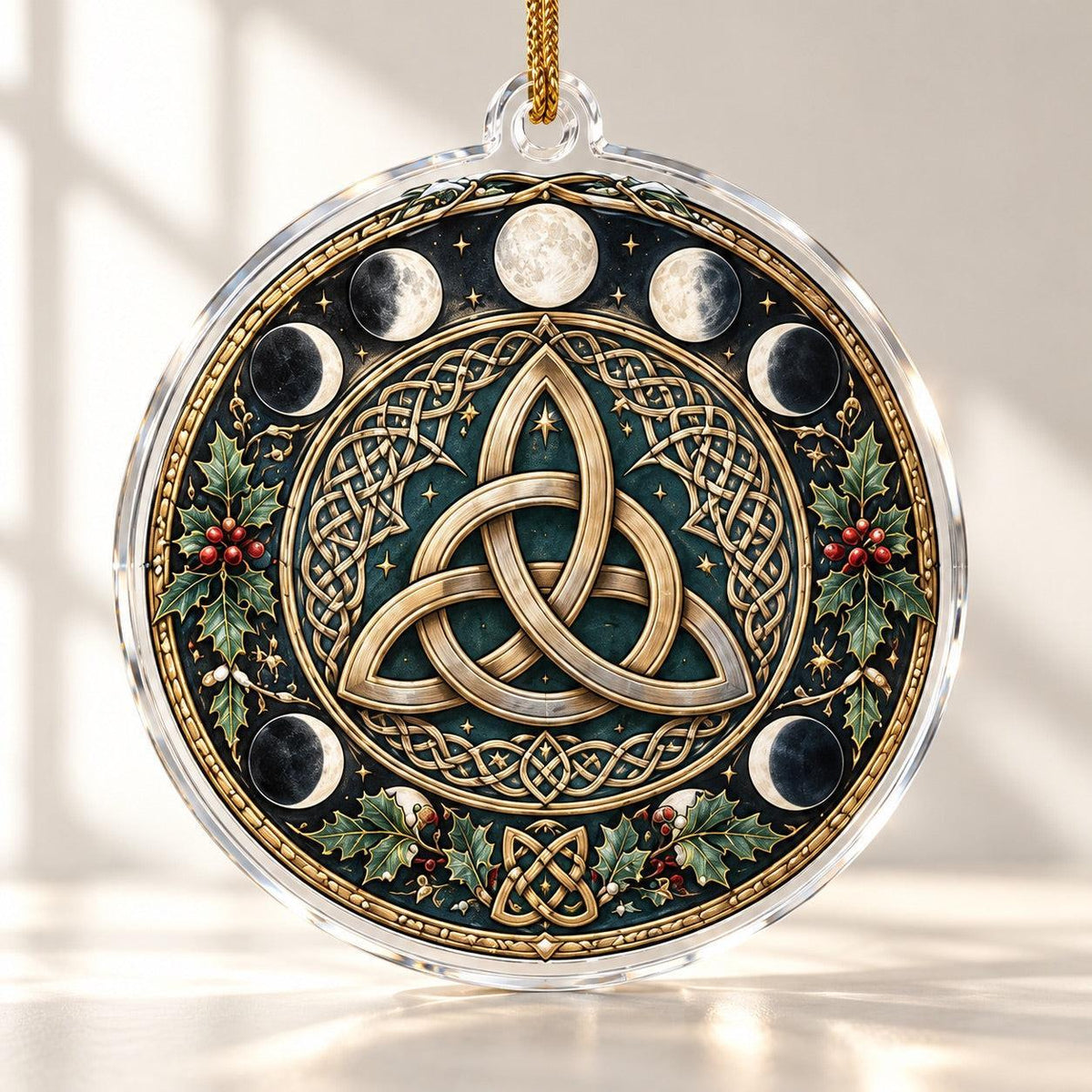 Celtic Triquetra Moon Acrylic Ornament Set – Pagan Yule Christmas Decor – Triquetra Moon Wheel ornament