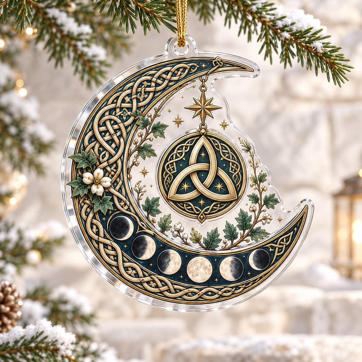Celtic Triquetra Moon Acrylic Ornament Set – Pagan Yule Christmas Decor – Crescent Triquetra ornament