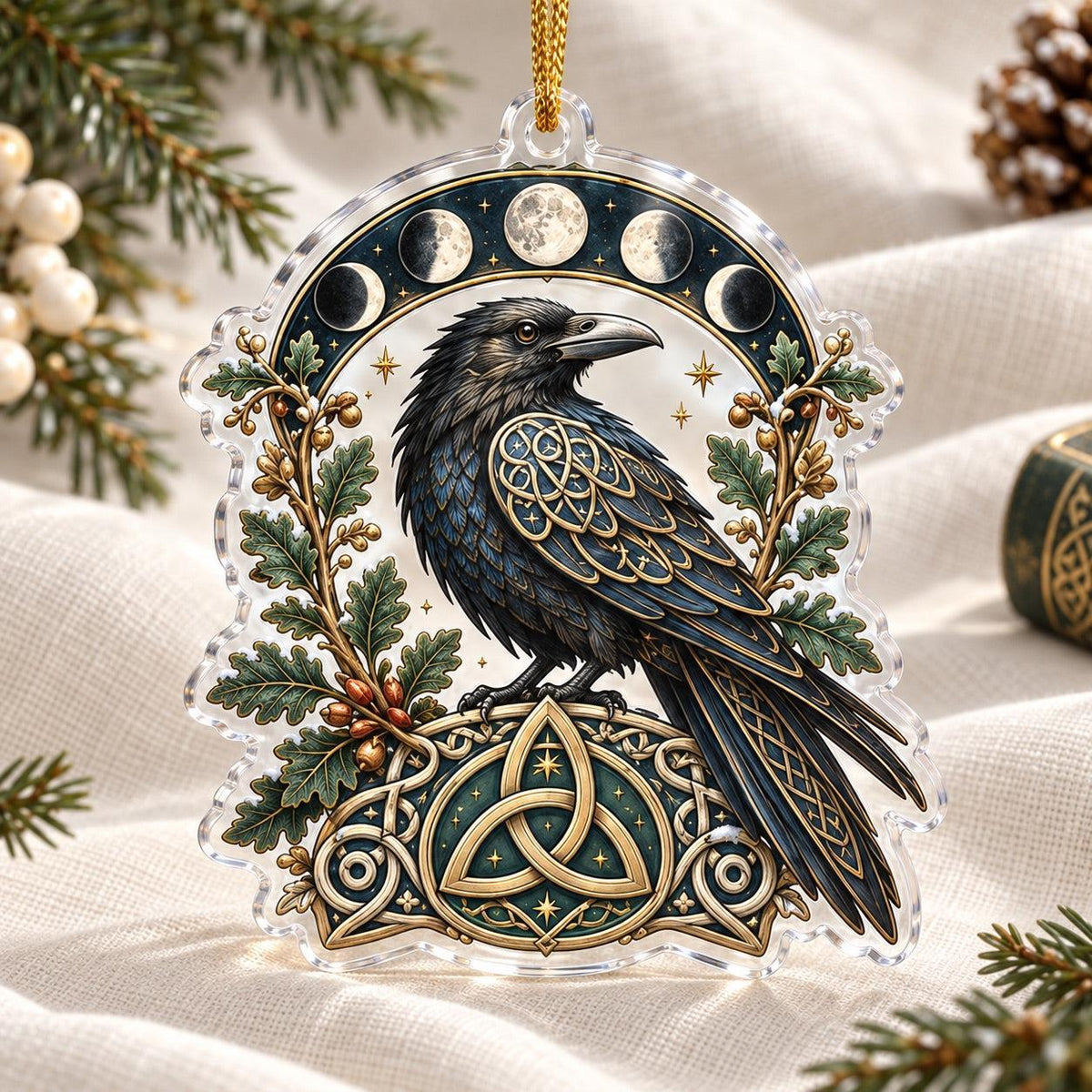 Celtic Triquetra Moon Acrylic Ornament Set – Pagan Yule Christmas Decor – Raven Triquetra ornament