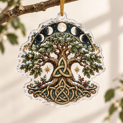 Celtic Triquetra Moon Acrylic Ornament Set – Pagan Yule Christmas Decor – Oak Tree Triquetra ornament