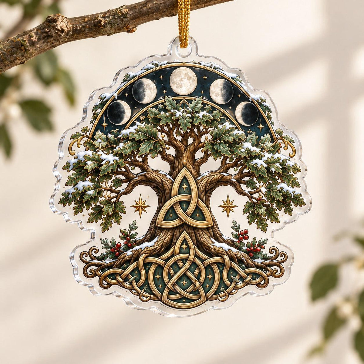 Celtic Triquetra Moon Acrylic Ornament Set – Pagan Yule Christmas Decor – Oak Tree Triquetra ornament