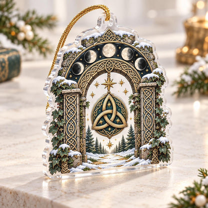 Celtic Triquetra Moon Acrylic Ornament Set – Pagan Yule Christmas Decor – Stone Arch Gateway ornament