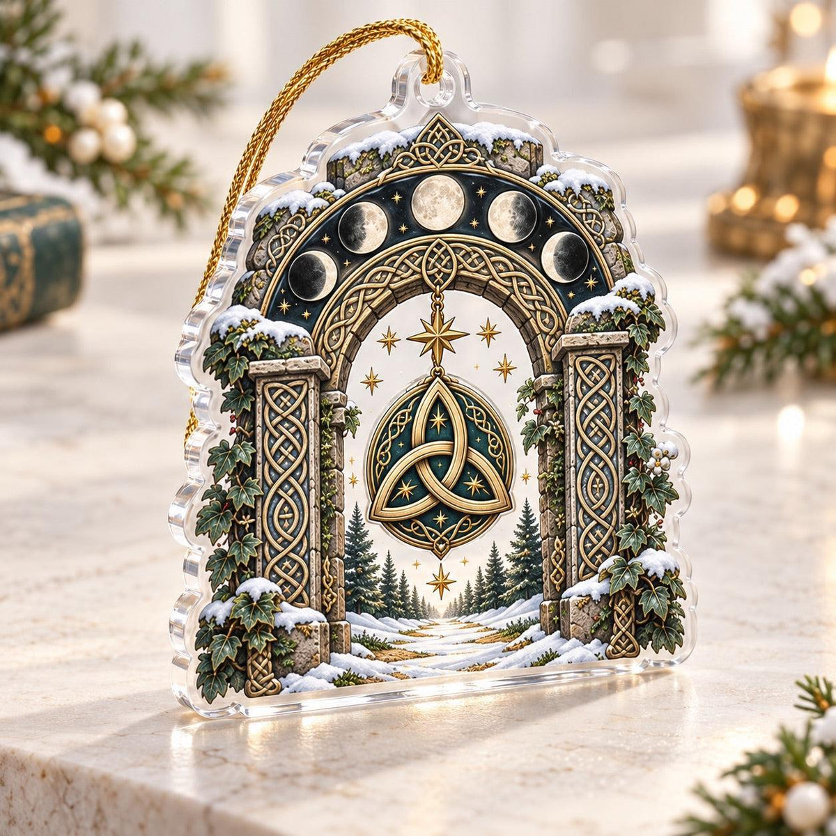 Celtic Triquetra Moon Acrylic Ornament Set – Pagan Yule Christmas Decor – Stone Arch Gateway ornament