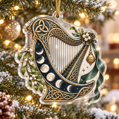 Celtic Triquetra Moon Acrylic Ornament Set – Pagan Yule Christmas Decor – Moon Phase Harp ornament