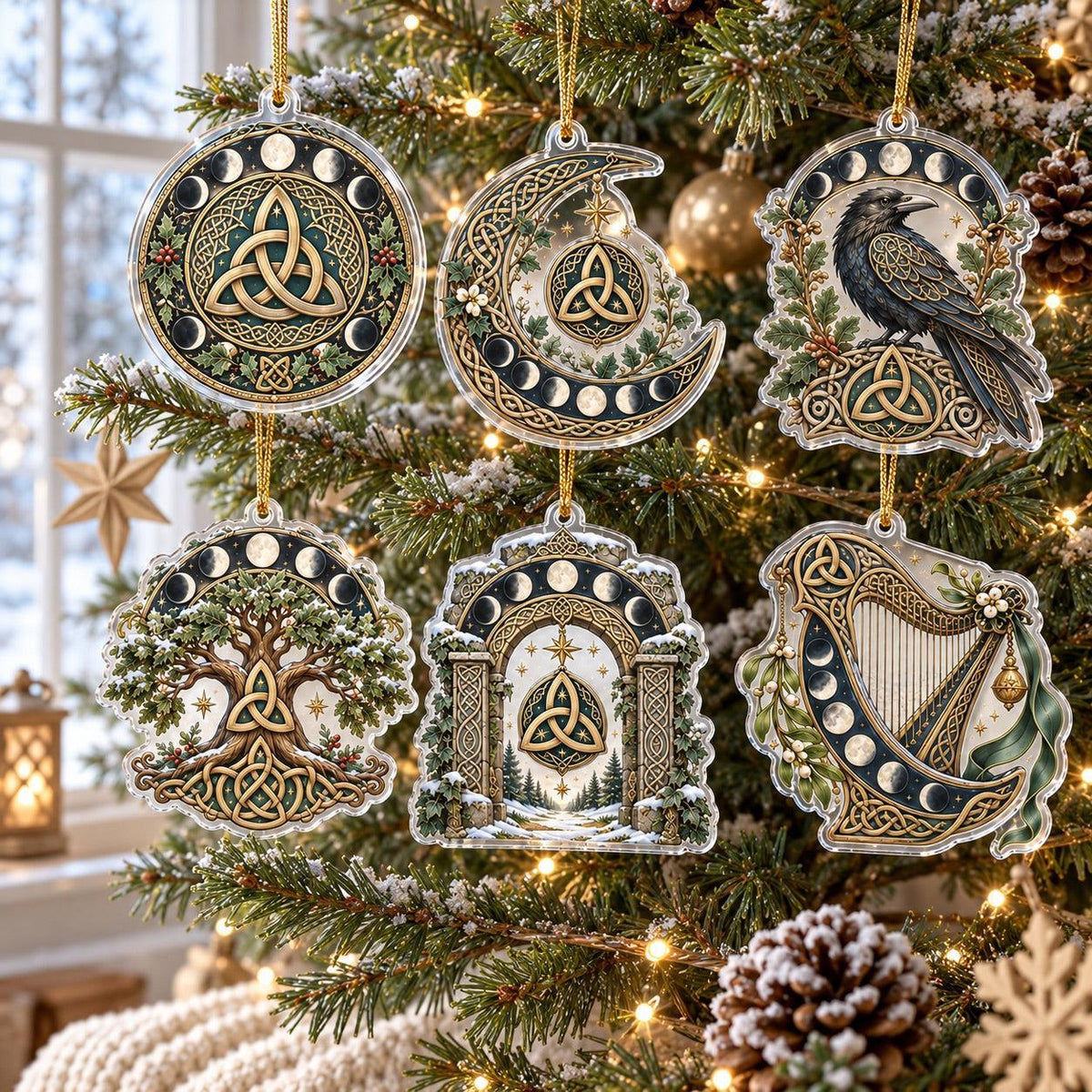 Celtic Triquetra Moon Acrylic Ornament Set – Pagan Yule Christmas Decor – set of 6 acrylic ornaments