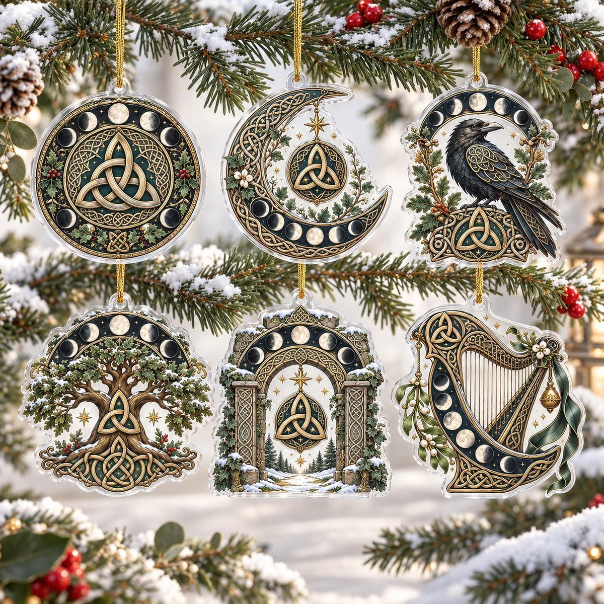 Celtic Triquetra Moon Acrylic Ornament Set – Pagan Yule Christmas Decor – set of 6, another view