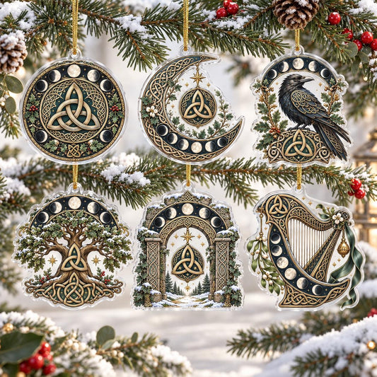 Celtic Triquetra Moon Acrylic Ornament Set – Pagan Yule Christmas Decor – set of 6, another view