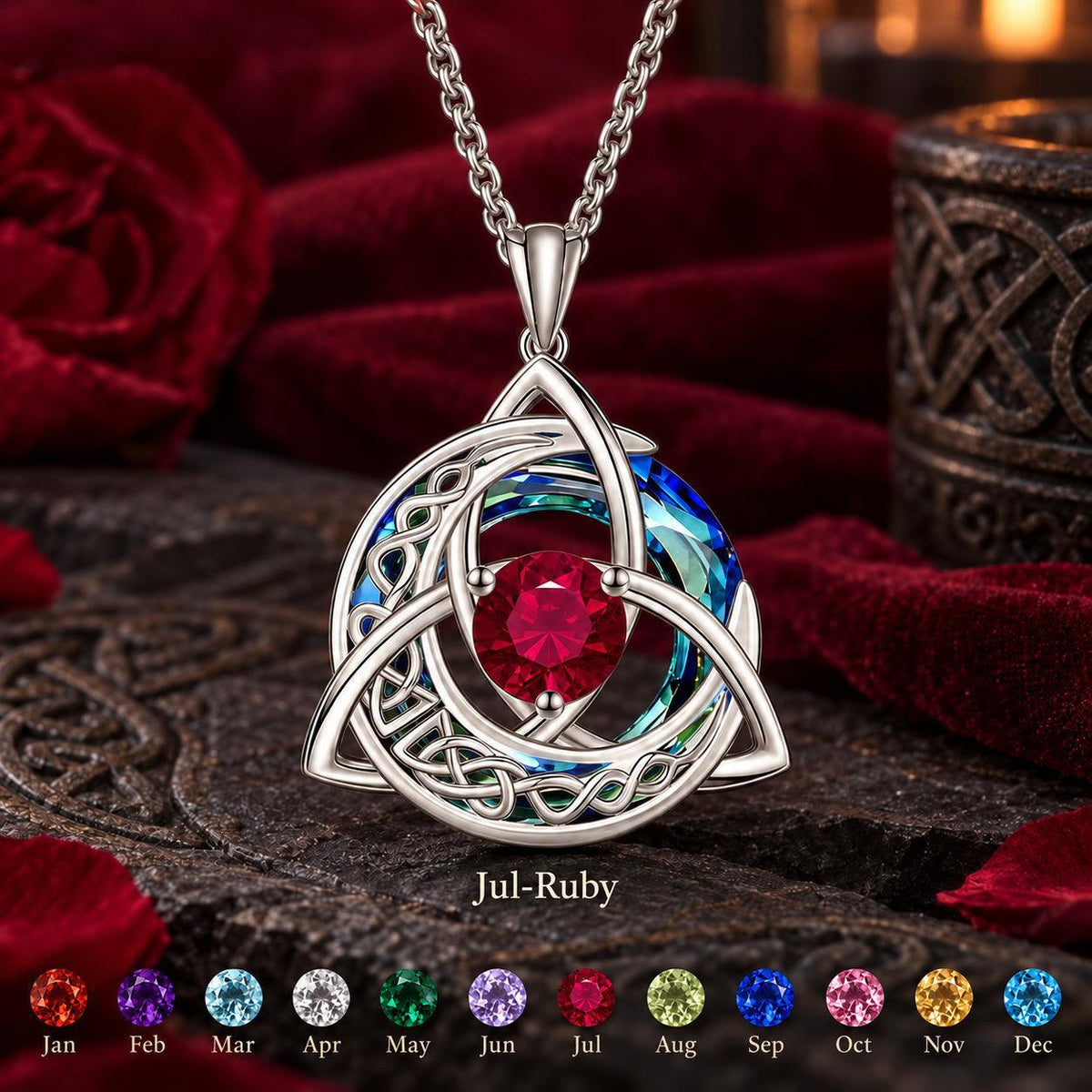 Celtic Triquetra Moon Birthstone Necklace — Jul-Ruby, with birthstone color chart