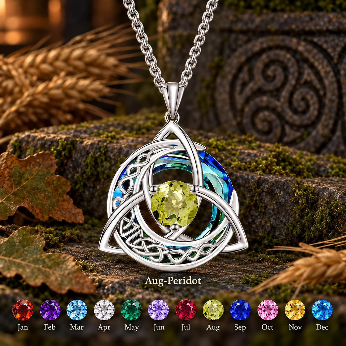 Celtic Triquetra Moon Birthstone Necklace — Aug-Peridot, with birthstone color chart