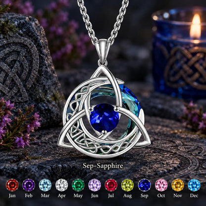 Celtic Triquetra Moon Birthstone Necklace — Sep-Sapphire, with birthstone color chart