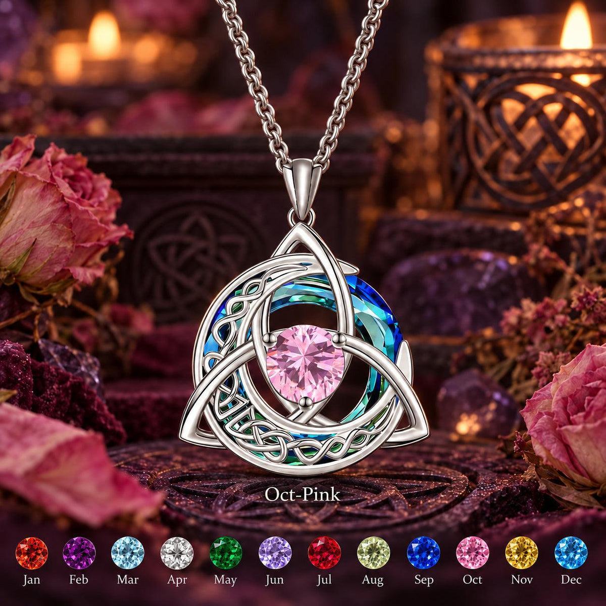 Celtic Triquetra Moon Birthstone Necklace — Oct-Pink, with birthstone color chart