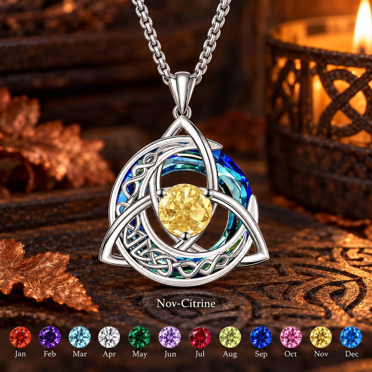 Celtic Triquetra Moon Birthstone Necklace — Nov-Citrine, with birthstone color chart