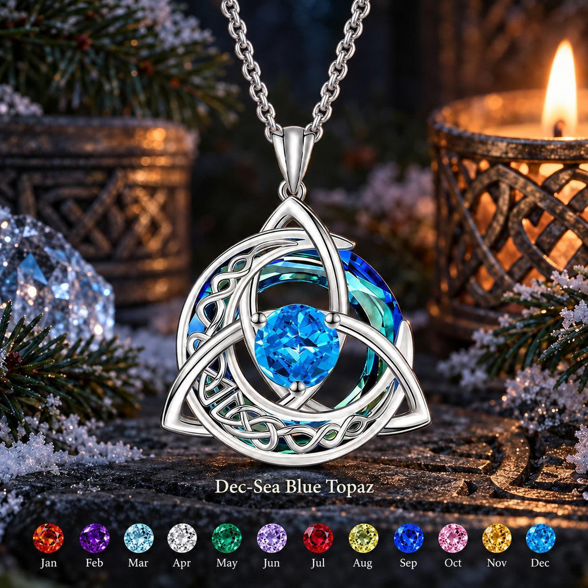 Celtic Triquetra Moon Birthstone Necklace — Dec-Sea Blue Topaz, with birthstone color chart