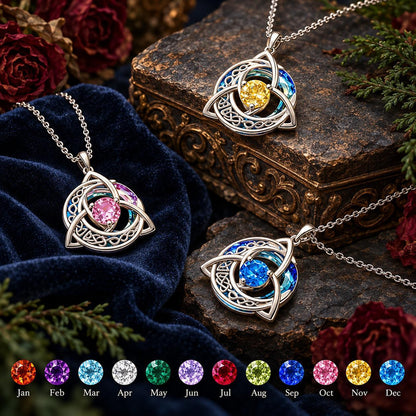 Celtic Triquetra Moon Birthstone Necklace - Wiccan Talisman Jewelry, dark ritual scene, view 4, with birthstone color chart