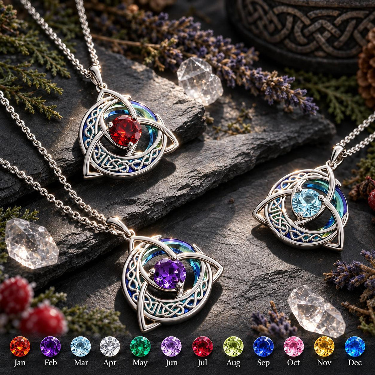 Celtic Triquetra Moon Birthstone Necklace - Wiccan Talisman Jewelry, dark ritual scene, view 6, with birthstone color chart