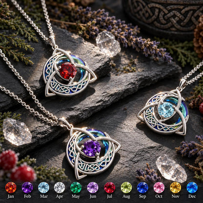Celtic Triquetra Moon Birthstone Necklace - Wiccan Talisman Jewelry, dark ritual scene, view 6, with birthstone color chart