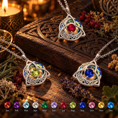Celtic Triquetra Moon Birthstone Necklace - Wiccan Talisman Jewelry, dark ritual scene, view 3, with birthstone color chart