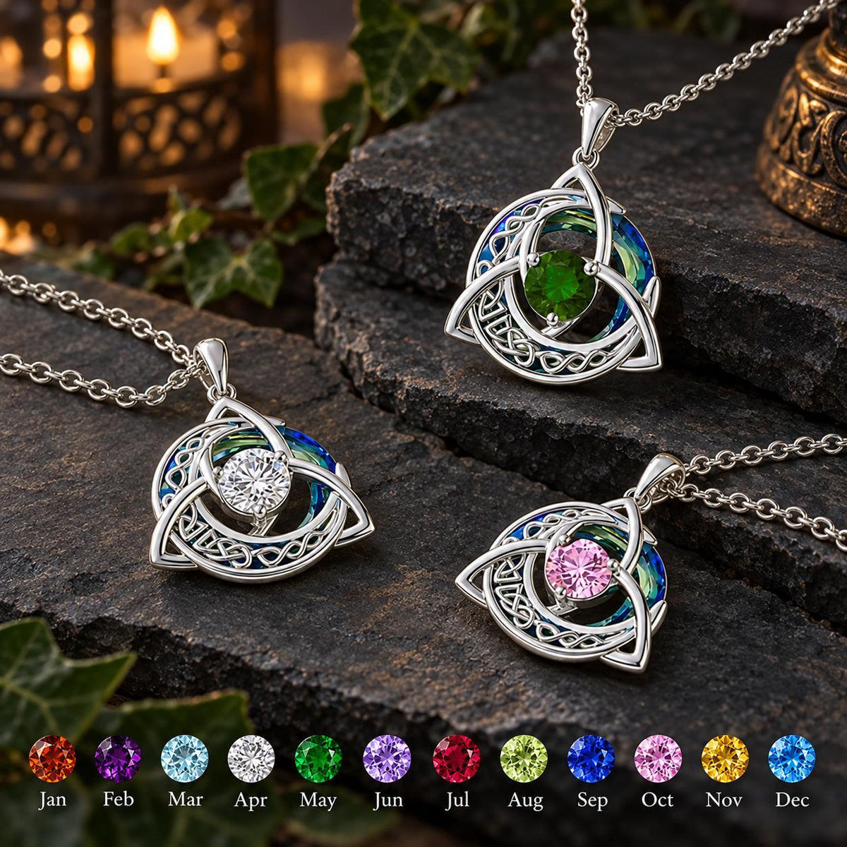 Celtic Triquetra Moon Birthstone Necklace - Wiccan Talisman Jewelry, dark ritual scene, view 2, with birthstone color chart