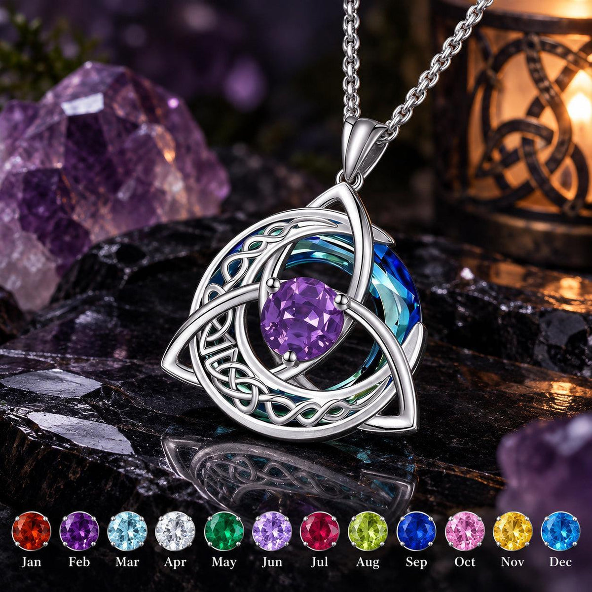 Celtic Triquetra Moon Birthstone Necklace - Wiccan Talisman Jewelry, dark ritual scene, view 5, with birthstone color chart