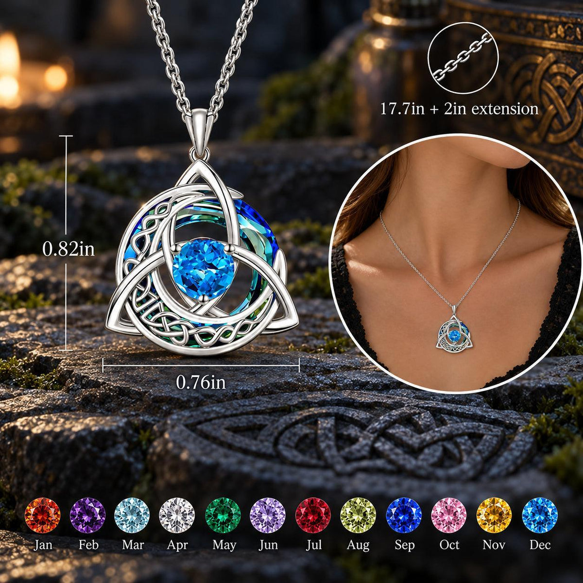 Celtic Triquetra Moon Birthstone Necklace - Wiccan Talisman Jewelry, dark ritual scene, view 19, with birthstone color chart