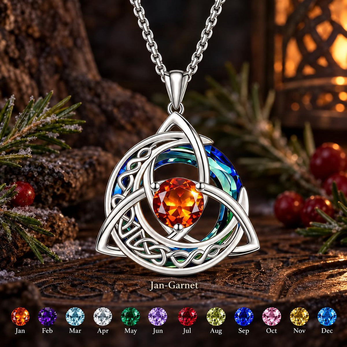 Celtic Triquetra Moon Birthstone Necklace — Jan-Garnet, with birthstone color chart