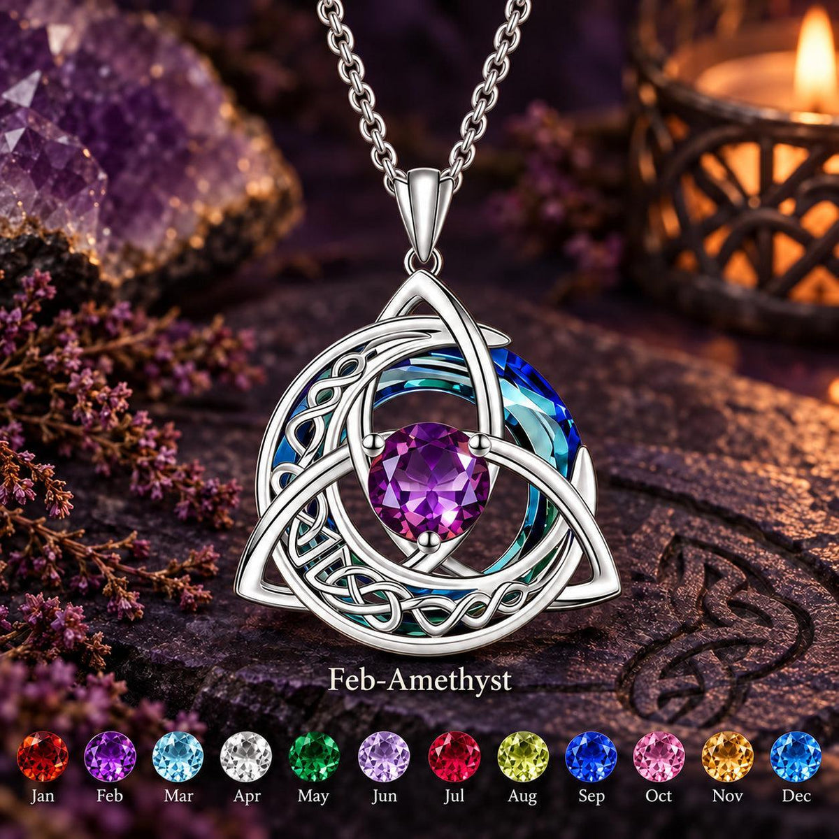 Celtic Triquetra Moon Birthstone Necklace — Feb-Amethyst, with birthstone color chart