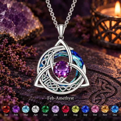 Celtic Triquetra Moon Birthstone Necklace — Feb-Amethyst, with birthstone color chart