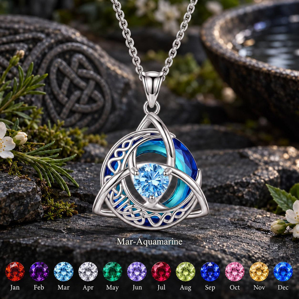 Celtic Triquetra Moon Birthstone Necklace — Mar-Aquamarine, with birthstone color chart