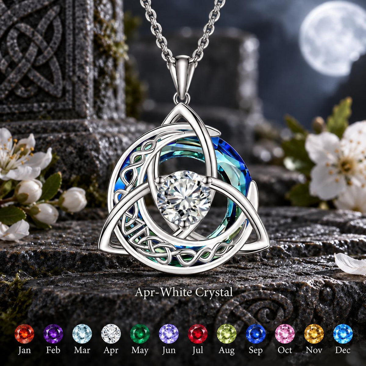 Celtic Triquetra Moon Birthstone Necklace — Apr-White Crystal, with birthstone color chart