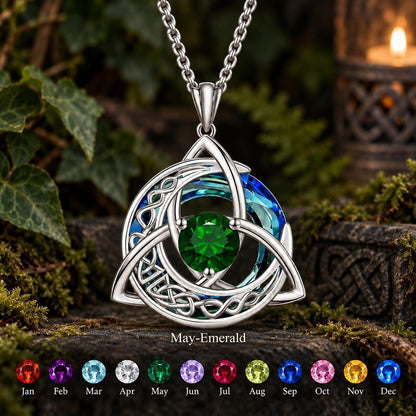 Celtic Triquetra Moon Birthstone Necklace — May-Emerald, with birthstone color chart