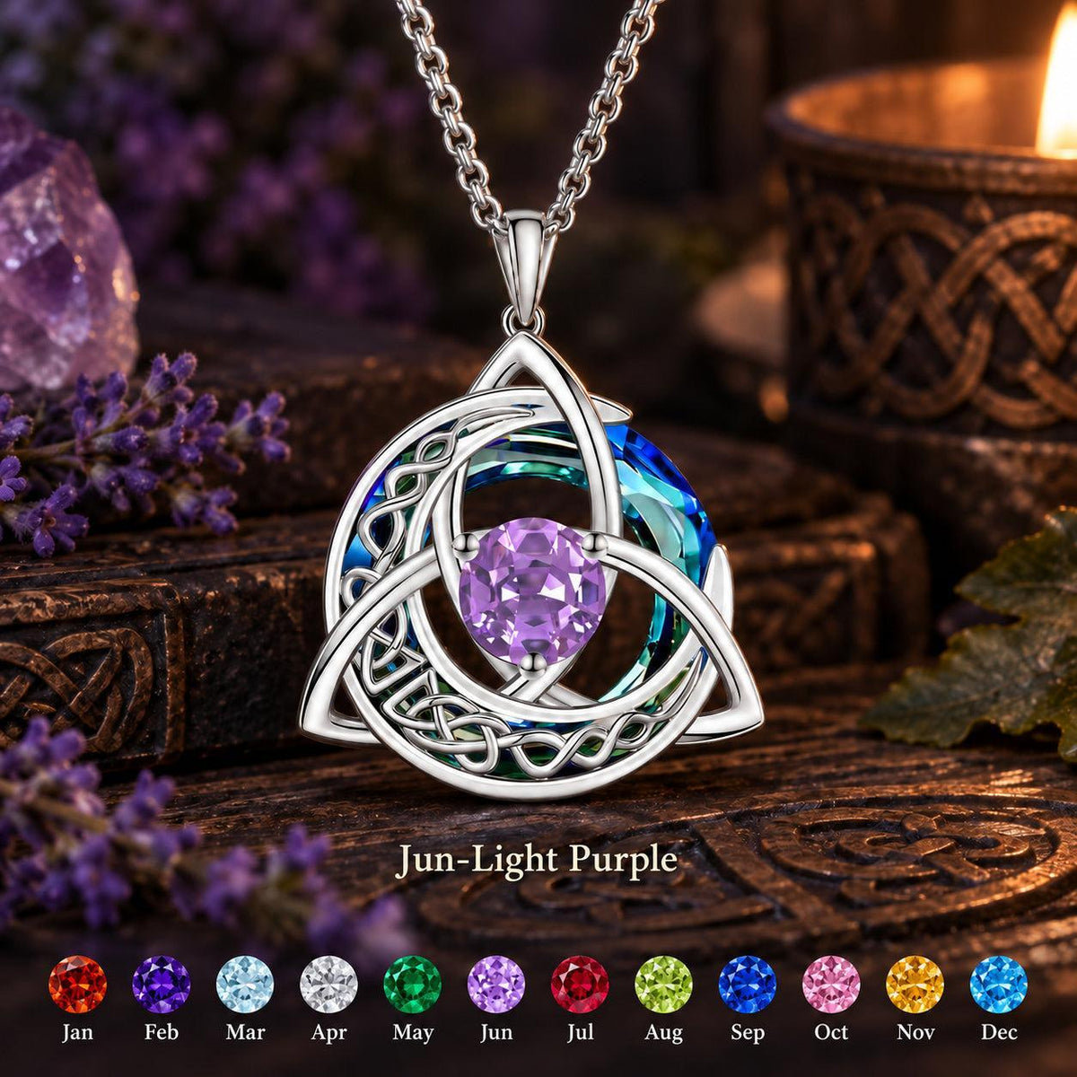 Celtic Triquetra Moon Birthstone Necklace — Jun-Light Purple, with birthstone color chart