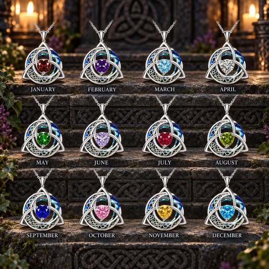 Celtic Triquetra Moon Birthstone Necklace - Wiccan Talisman Jewelry, dark ritual scene, view 1, with birthstone color chart