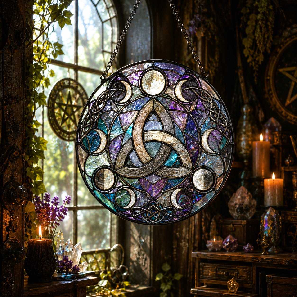 Celtic Triquetra Moon Phase Glass Suncatcher - sunlight glow