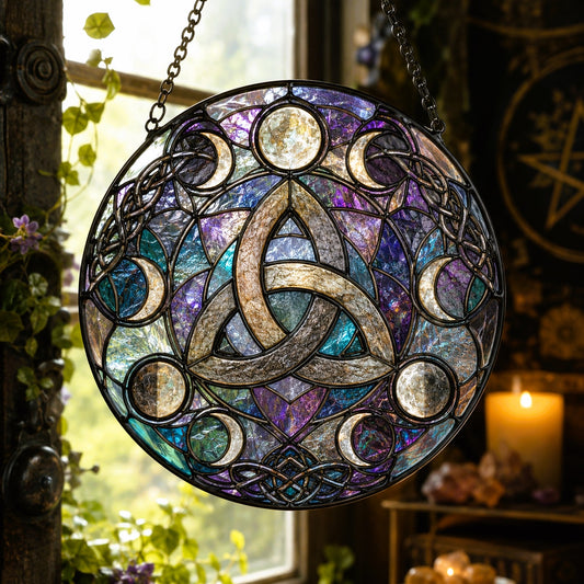 Celtic Triquetra Moon Phase Glass Suncatcher - window display