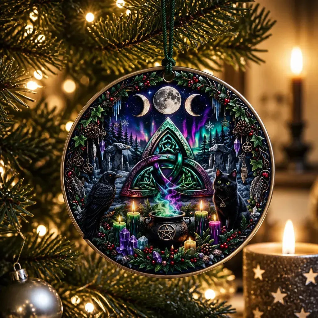 Celtic Triquetra Pagan Yule Ceramic Ornament – Gothic Black Raven and Black Cat Witchy Christmas Ornament_mockup_1.webp