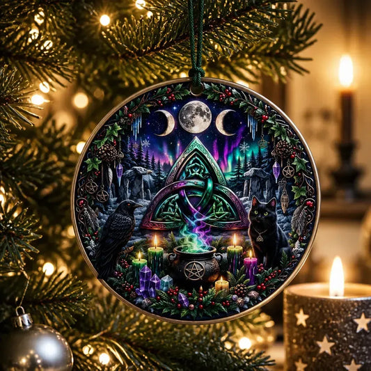 Celtic Triquetra Pagan Yule Ceramic Ornament – Gothic Black Raven and Black Cat Witchy Christmas Ornament_mockup_1.webp