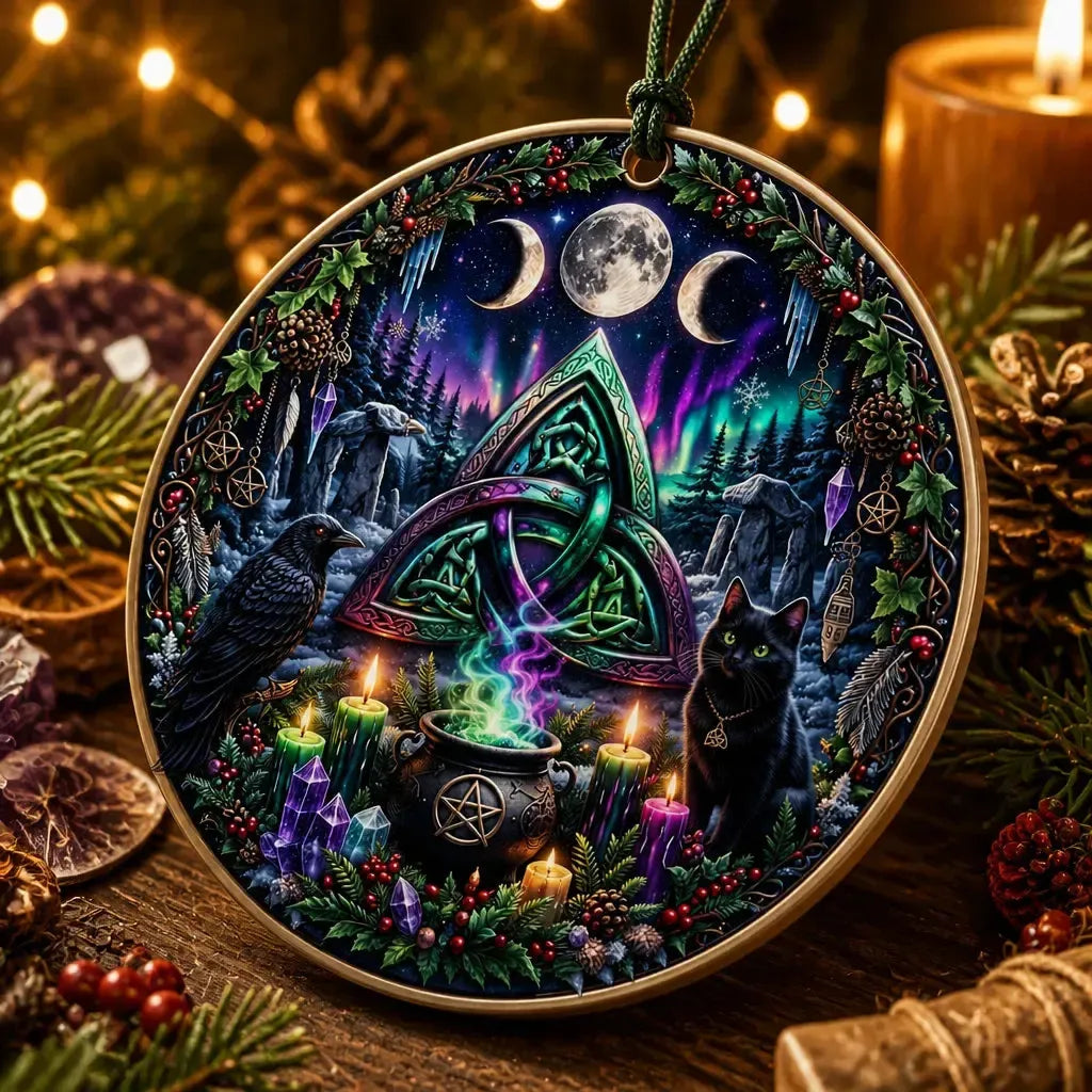 Celtic Triquetra Pagan Yule Ceramic Ornament – Gothic Black Raven and Black Cat Witchy Christmas Ornament_mockup_2.webp