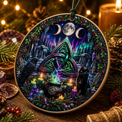 Celtic Triquetra Pagan Yule Ceramic Ornament – Gothic Black Raven and Black Cat Witchy Christmas Ornament_mockup_2.webp