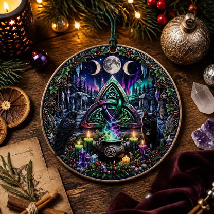 Celtic Triquetra Pagan Yule Ceramic Ornament – Gothic Black Raven and Black Cat Witchy Christmas Ornament_mockup_3.webp