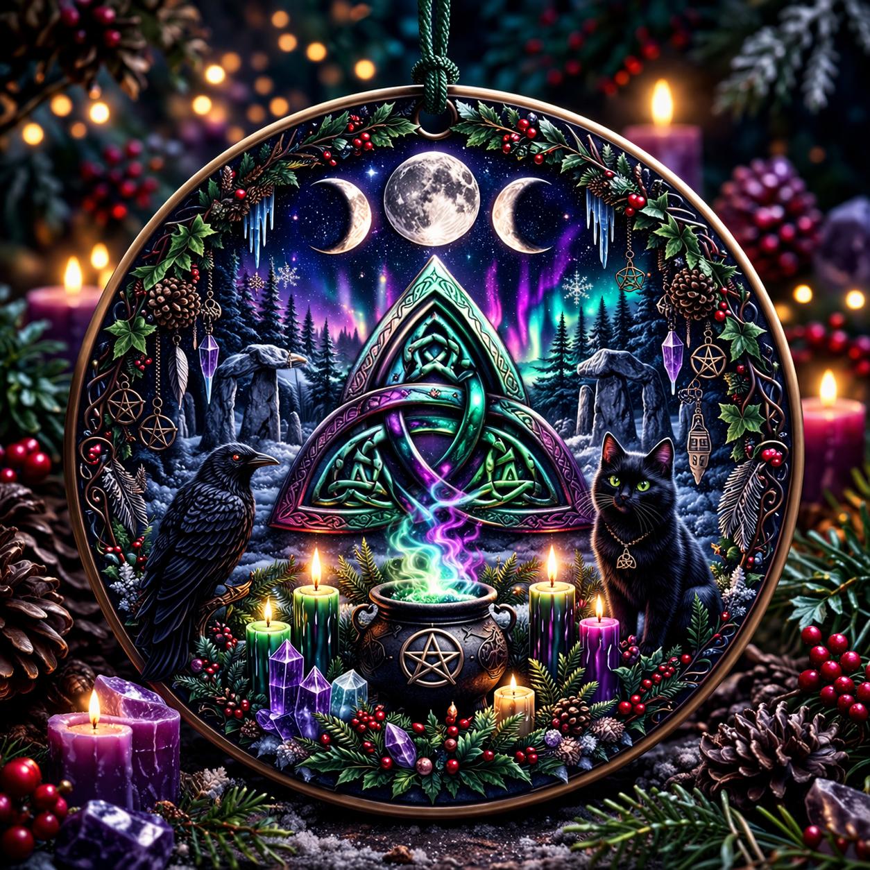 Gothic Celtic Triquetra Yule ceramic ornament with black raven, cat, triple moon, and glowing cauldron.