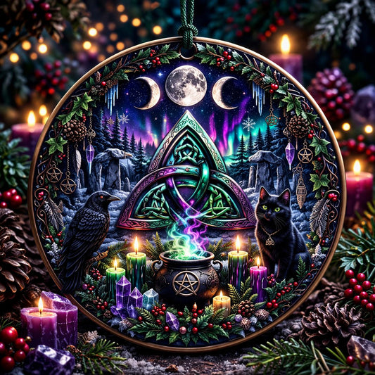 Celtic Triquetra Pagan Yule Ceramic Ornament – Gothic Black Raven and Black Cat Witchy Christmas Ornament-MoonChildWorld