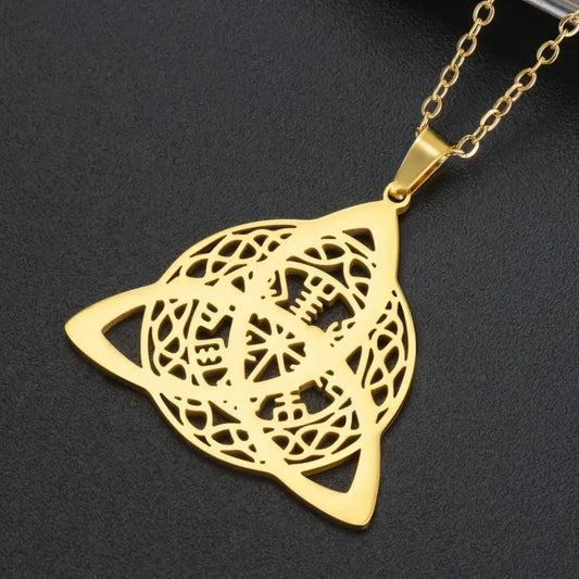 Silver Celtic triquetra trinity knot necklace close-up – Wiccan Pagan sacred symbol pendant