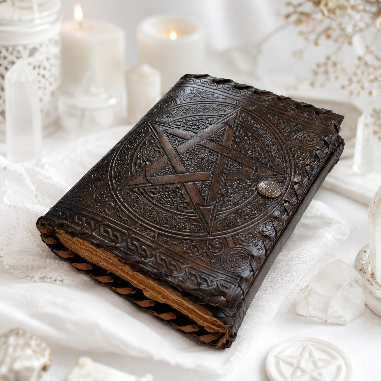 Celtic Wicca Pentagram Leather Journal – Vintage Pagan Grimoire Sketchbook – leather journal, open blank pages view