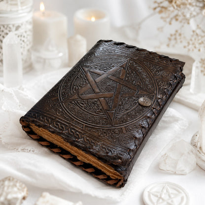 Celtic Wicca Pentagram Leather Journal – Vintage Pagan Grimoire Sketchbook – leather journal, open blank pages view