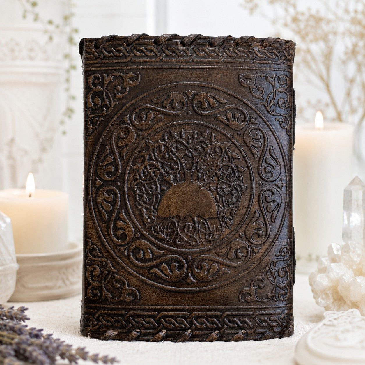 Celtic Wicca Pentagram Leather Journal – Vintage Pagan Grimoire Sketchbook – leather journal, close-up cover detail